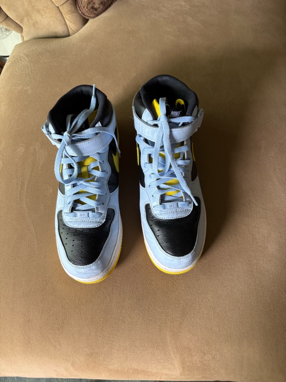 Nike Air Force 1 Men’s High-Top Athletic Sneakers in Light Blue, Black & Yellow